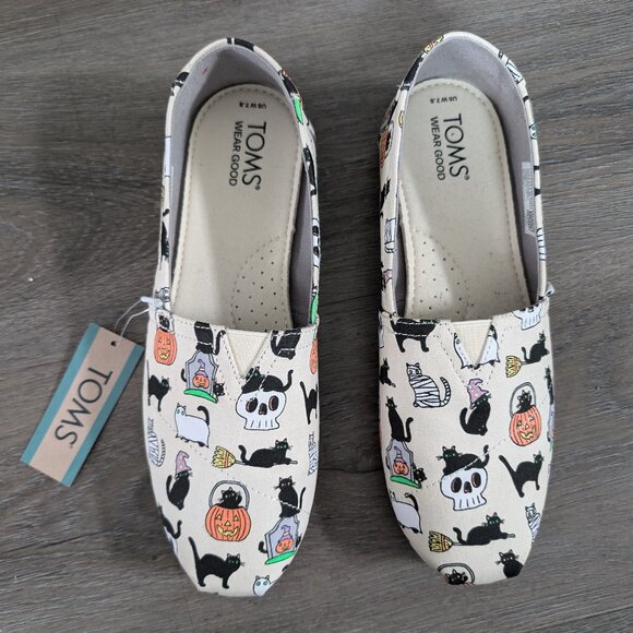 TOMS Belmont Natural Halloween Cats Slip-on Shoes Women 7.5 - Picture 1 of 10